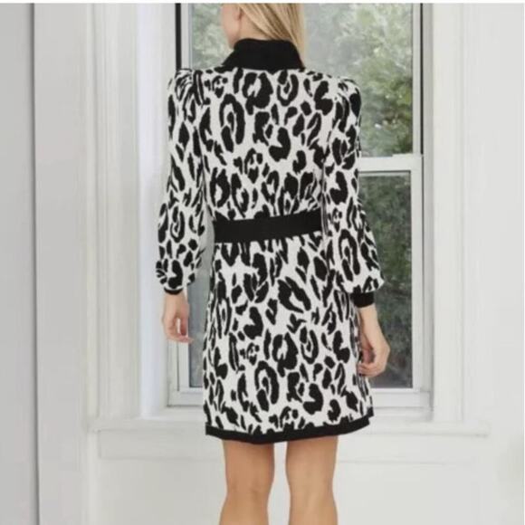 WHO WHAT WEAR Black & White Leopard Print Turtleneck Belted Sweater Dress Size M - Picture 2 of 8
